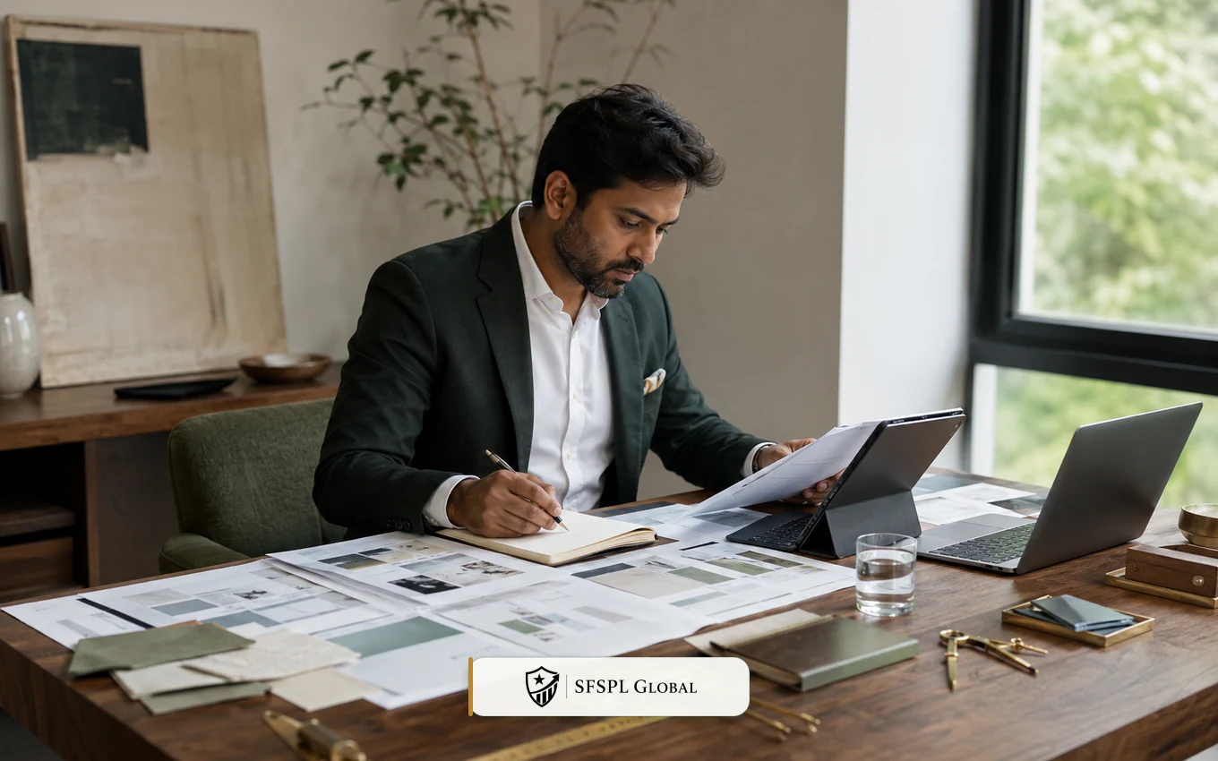 Indian business professional reviewing useful business research